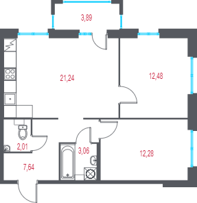 3-комнатная (Евро) квартира, 59.88 м² - планировка, фото №1