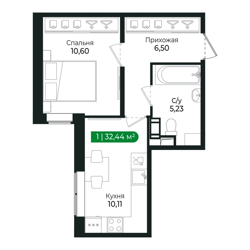 1-комнатная квартира, 32.2 м² в ЖК "Сертолово Парк" - планировка, фото №1