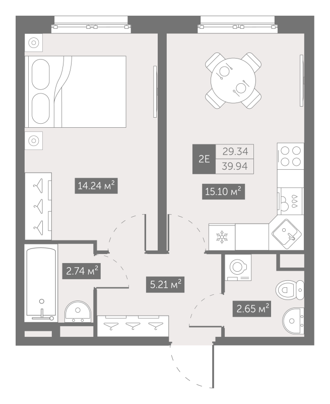 2-комнатная (Евро) квартира, 40.4 м² в ЖК "Зум на Неве" - планировка, фото №1