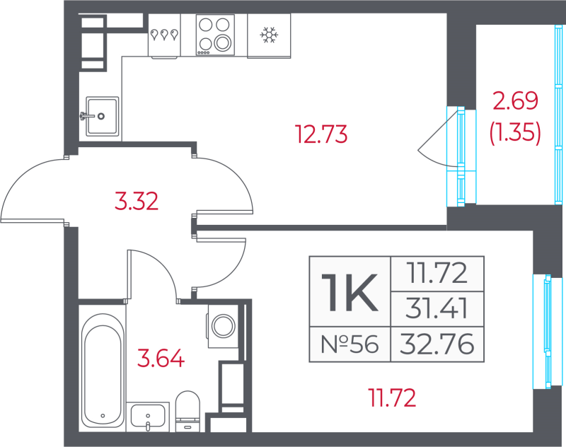1-комнатная квартира, 32.76 м² в ЖК "Город-спутник Южный" - планировка, фото №1
