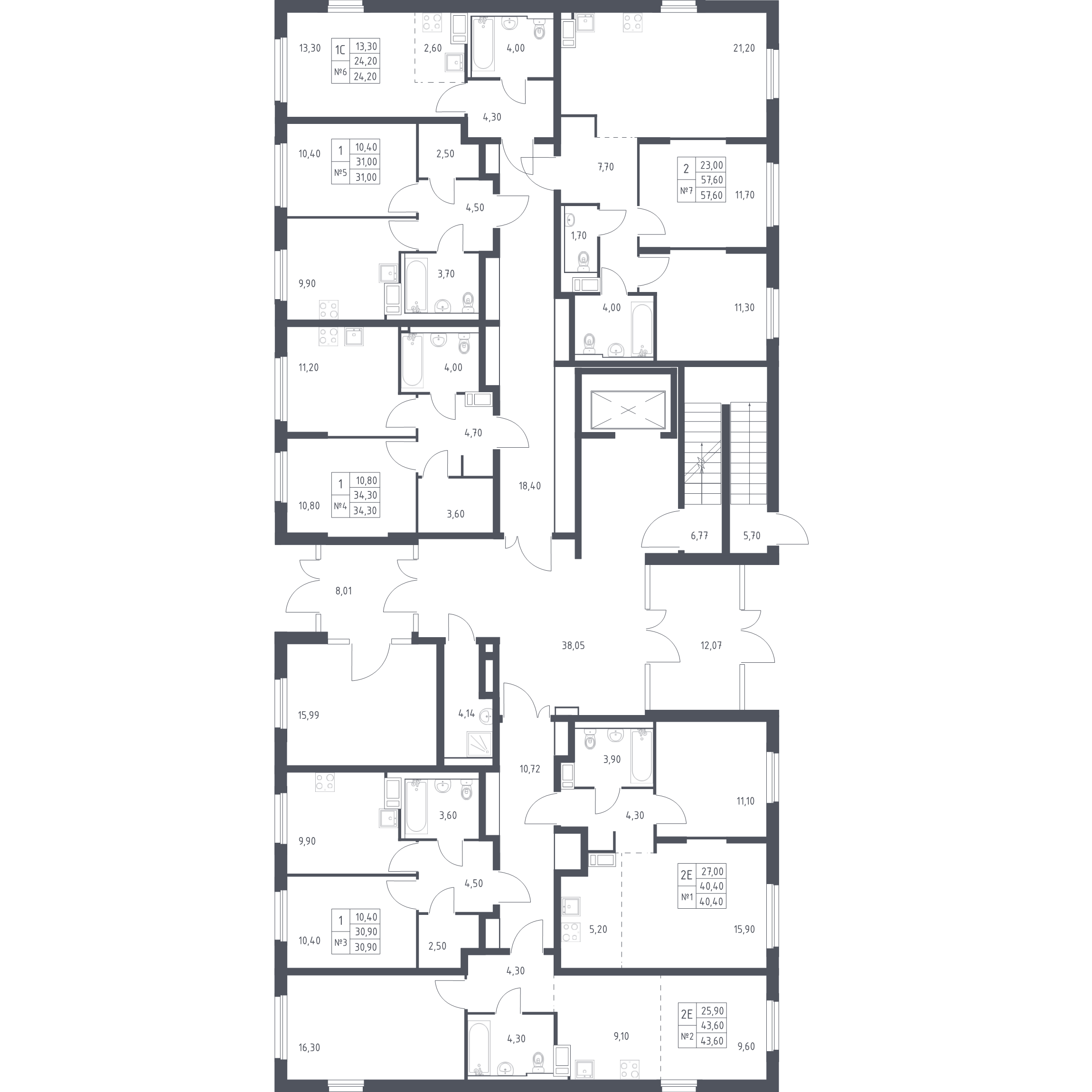 2-комнатная (Евро) квартира, 43.6 м² - планировка этажа