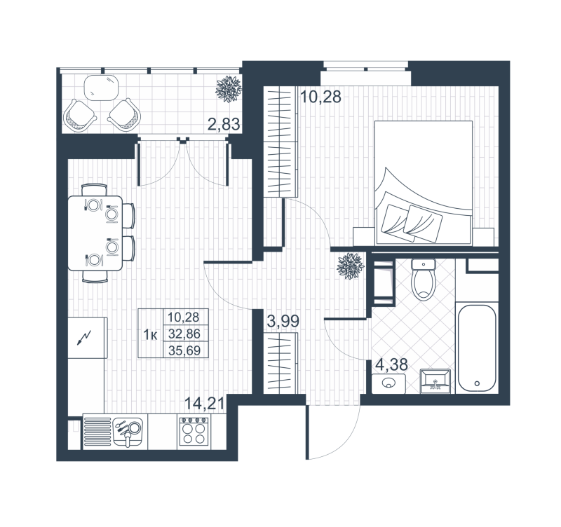 1-комнатная квартира, 34.28 м² в ЖК "Ново-Антропшино" - планировка, фото №1