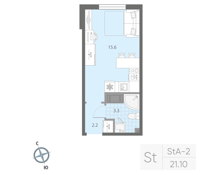 Квартира-студия, 21.1 м² в ЖК "Дыбенко Парк" - планировка, фото №1