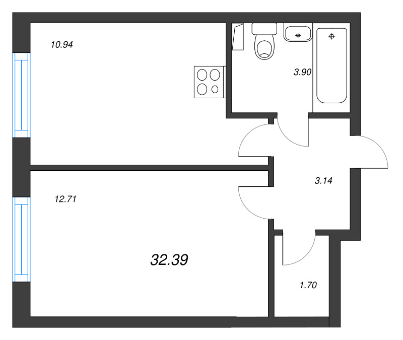 1-комнатная квартира, 32.39 м² - планировка, фото №1