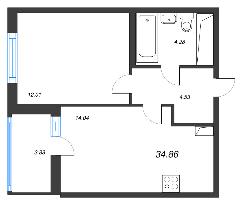 1-комнатная квартира, 34.86 м² в ЖК "Ясно.Янино" - планировка, фото №1