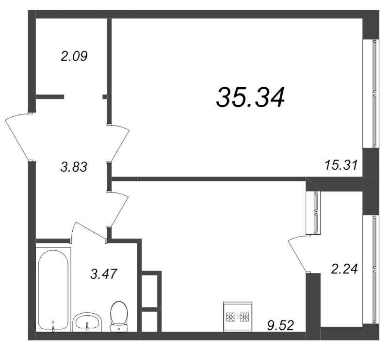 1-комнатная квартира, 35.34 м² в ЖК "Академик" - планировка, фото №1