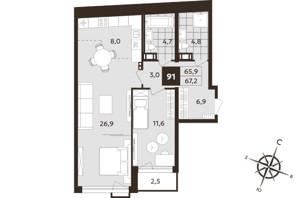 2-комнатная (Евро) квартира, 65.9 м² в ЖК "Дом на Бронницкой" - планировка, фото №1