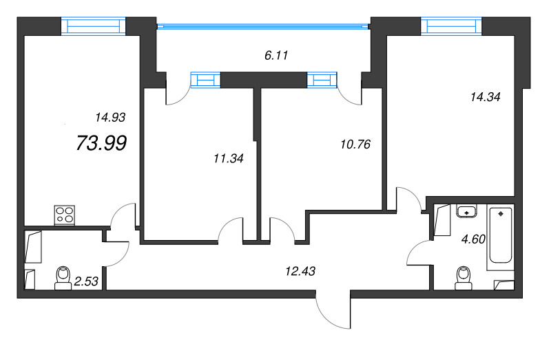 3-комнатная квартира, 73.99 м² в ЖК "Аквилон Zalive" - планировка, фото №1