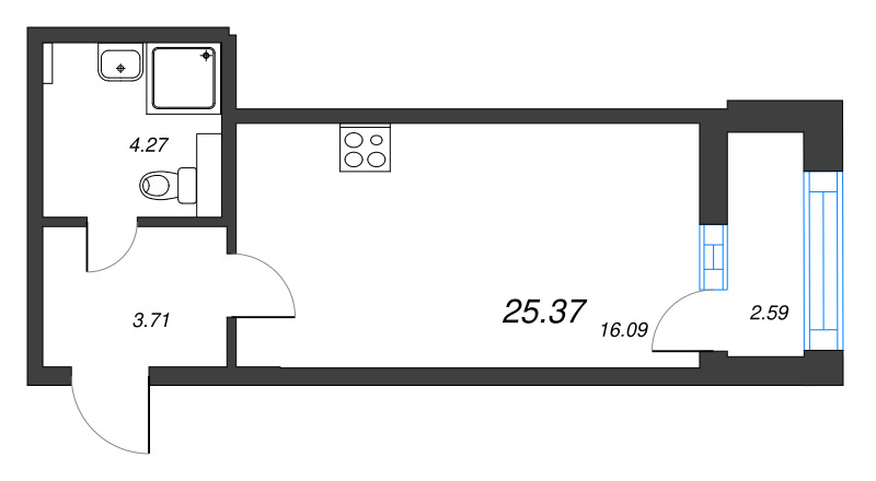 Квартира-студия, 25.37 м² - планировка, фото №1
