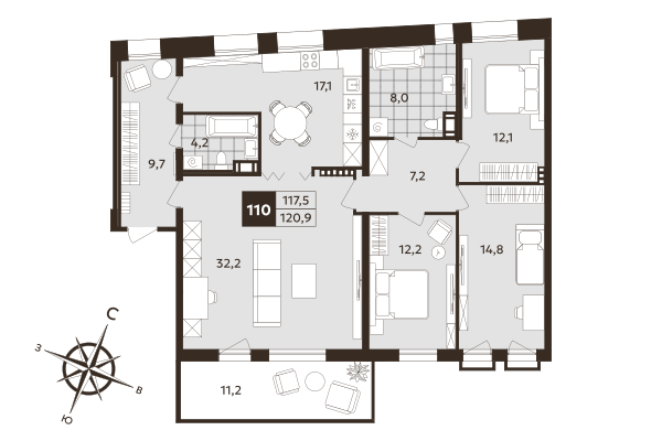 4-комнатная (Евро) квартира, 117.5 м² в ЖК "Дом на Бронницкой" - планировка, фото №1