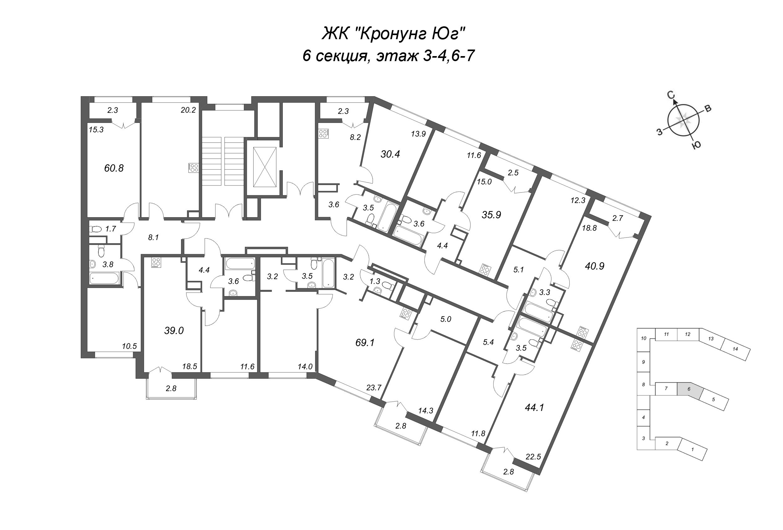 1-комнатная квартира, 30.4 м² в ЖК "Кронунг ЮГ" - планировка этажа