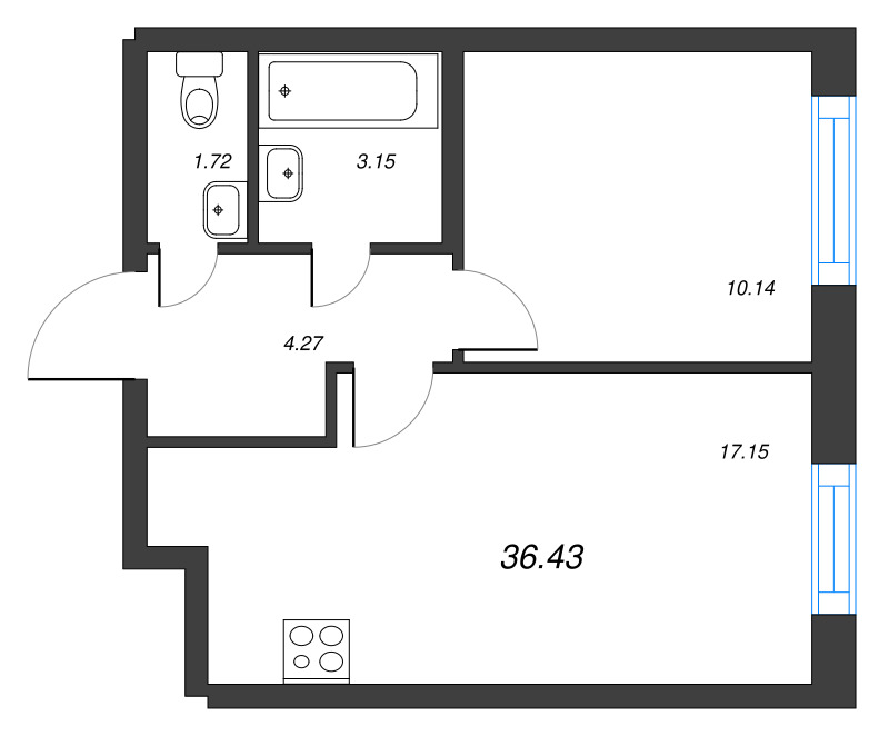 2-комнатная (Евро) квартира, 36.43 м² - планировка, фото №1