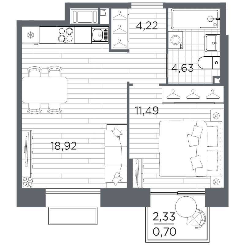 2-комнатная (Евро) квартира, 39.96 м² в ЖК "Respect" - планировка, фото №1