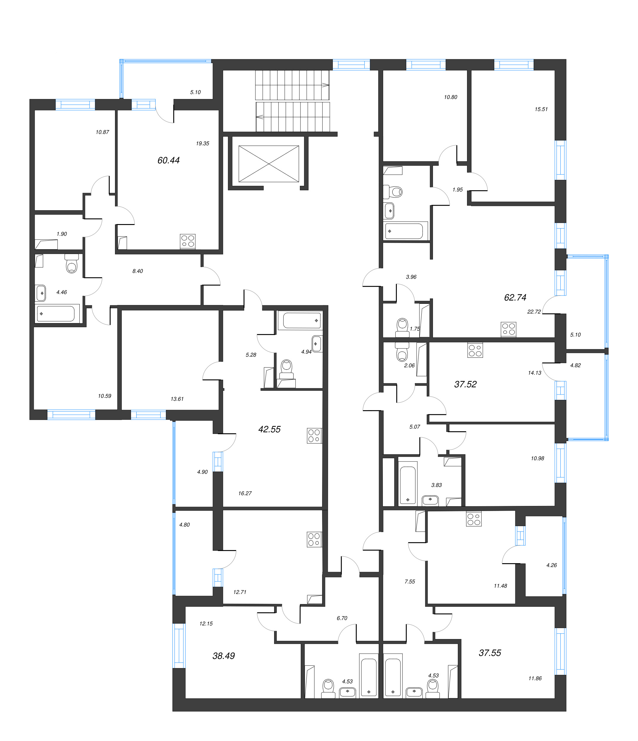 2-комнатная (Евро) квартира, 42.55 м² в ЖК "IQ Гатчина" - планировка этажа