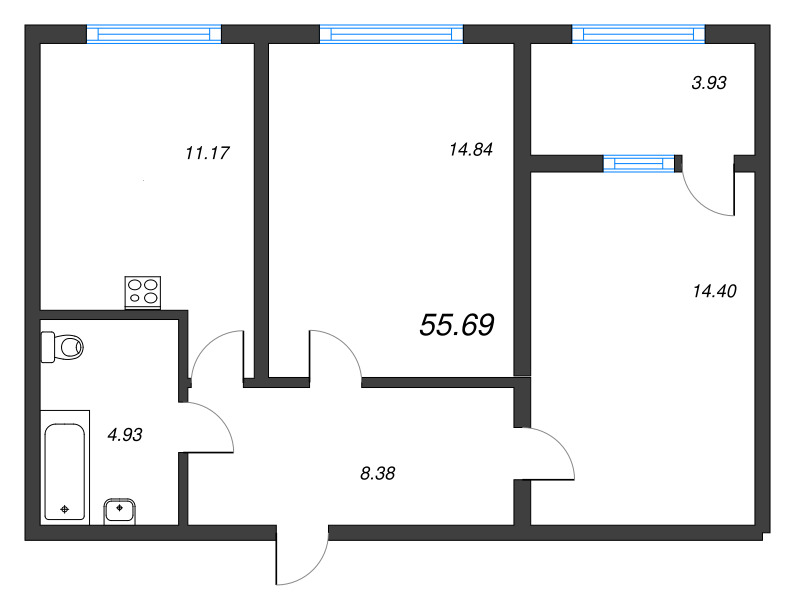 2-комнатная квартира, 55.69 м² в ЖК "Расцветай в Янино" - планировка, фото №1