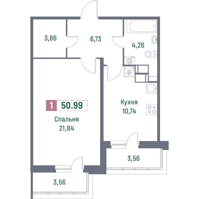 1-комнатная квартира, 50.99 м² - планировка, фото №1
