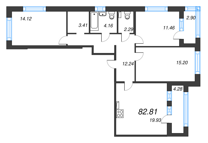 4-комнатная (Евро) квартира, 82.81 м² в ЖК "Б15" - планировка, фото №1