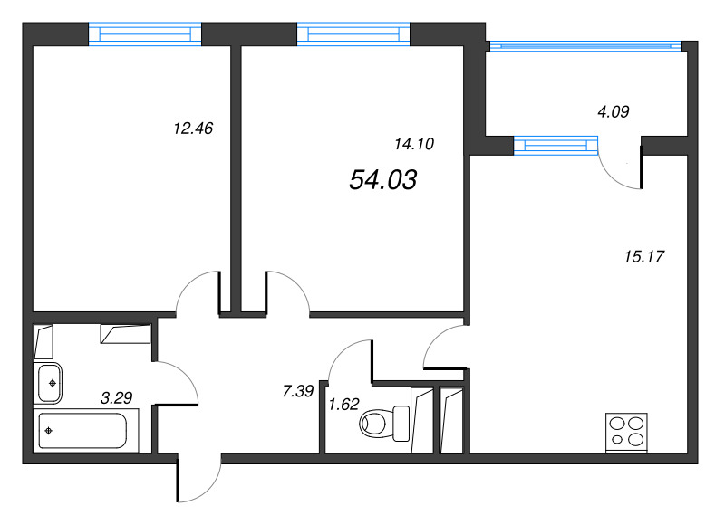 3-комнатная (Евро) квартира, 54.03 м² - планировка, фото №1
