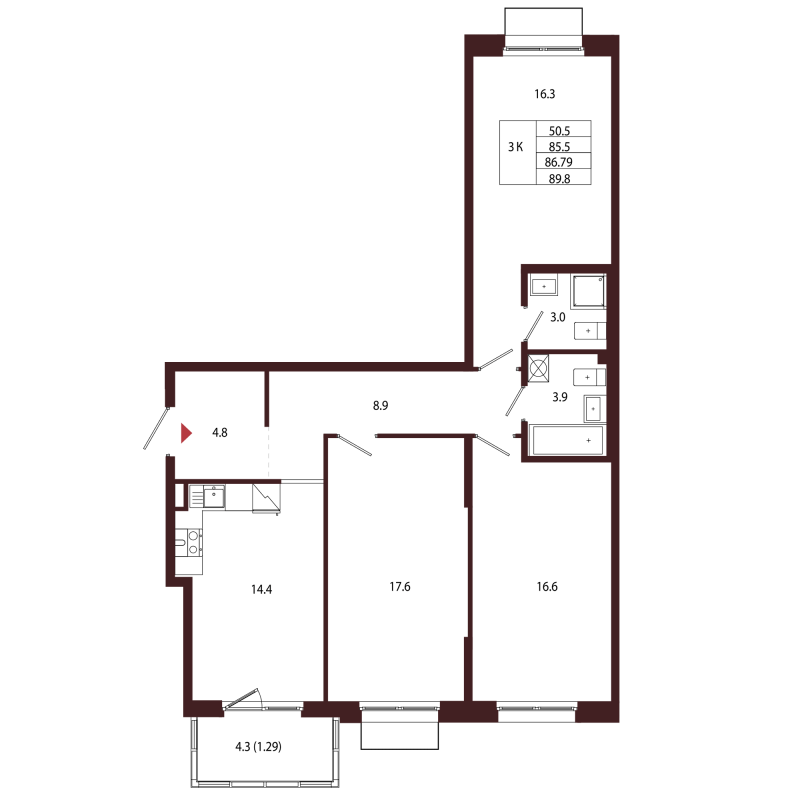 3-комнатная квартира, 86.79 м² в ЖК "Лисино" - планировка, фото №1