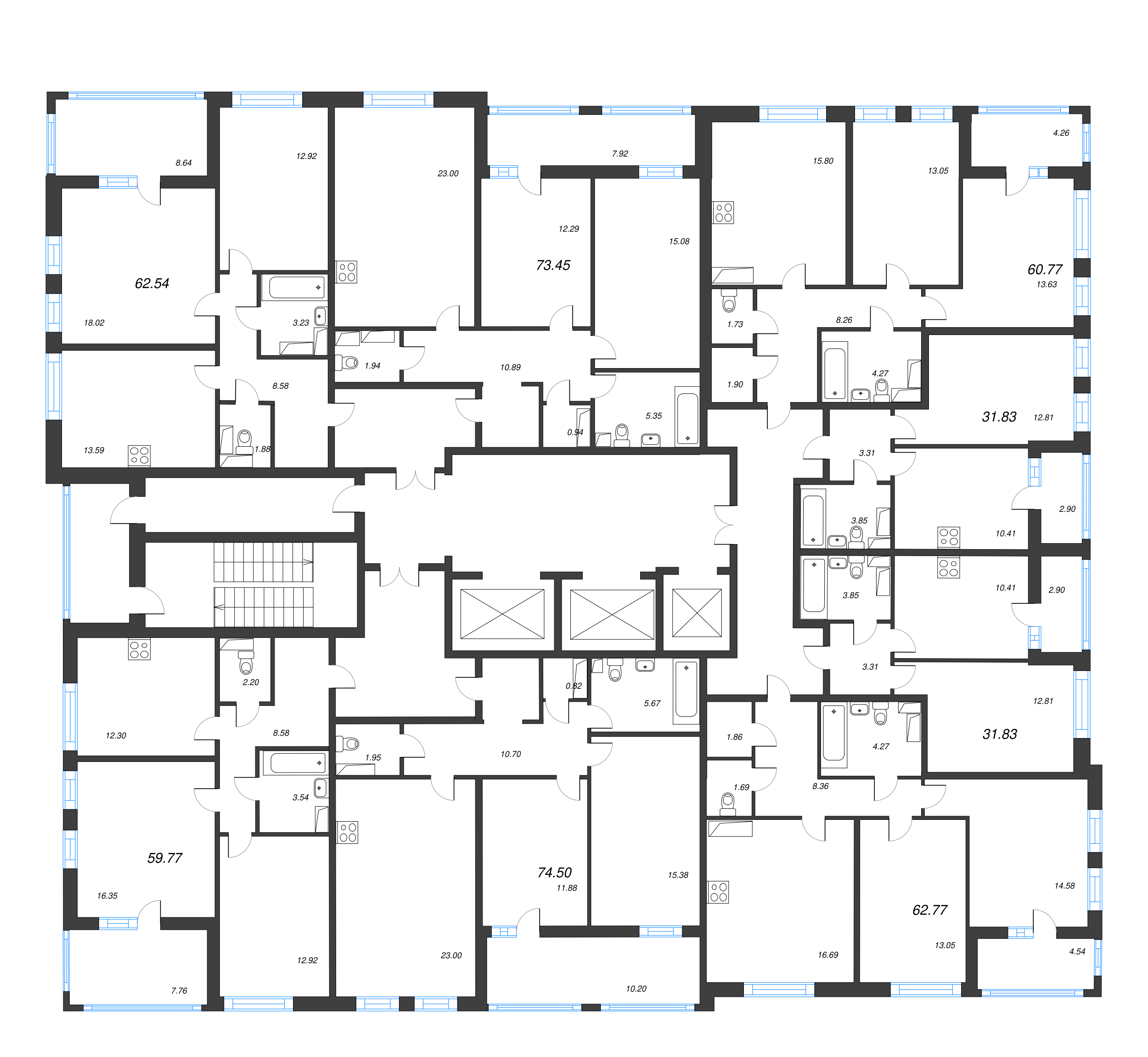 3-комнатная (Евро) квартира, 62.77 м² - планировка этажа