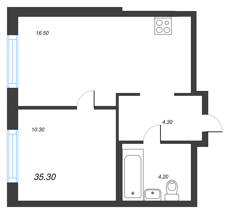 2-комнатная (Евро) квартира, 35.3 м² в ЖК "Струны" - планировка, фото №1
