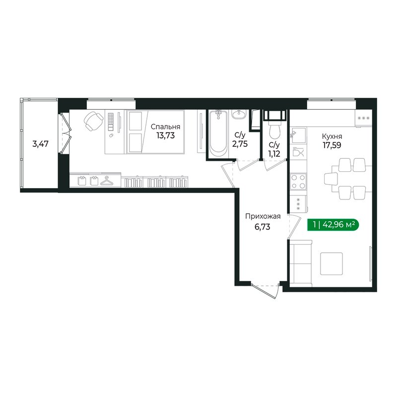 2-комнатная (Евро) квартира, 41.5 м² в ЖК "Сертолово Парк" - планировка, фото №1