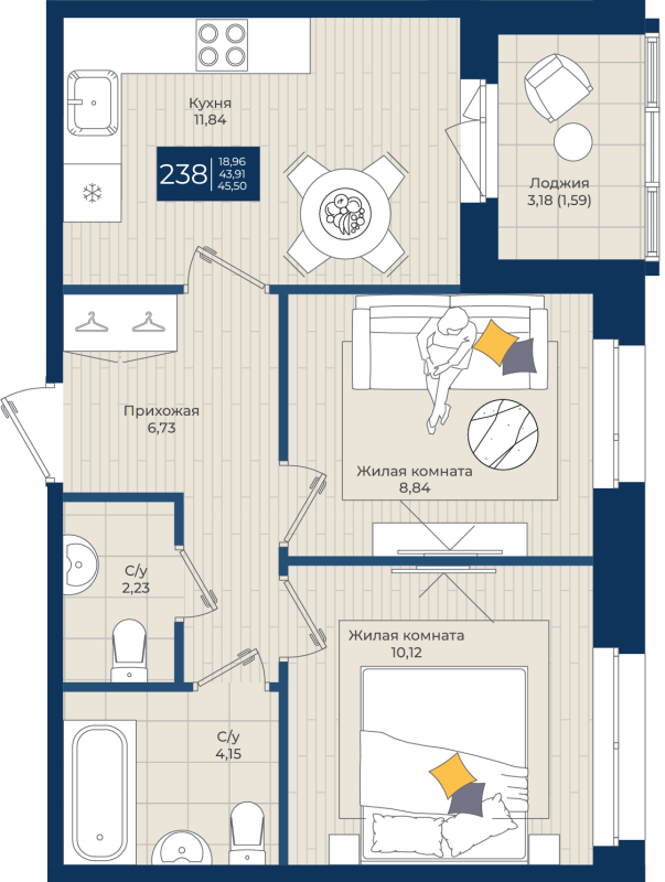 2-комнатная квартира, 45.5 м² в ЖК "Новатория" - планировка, фото №1