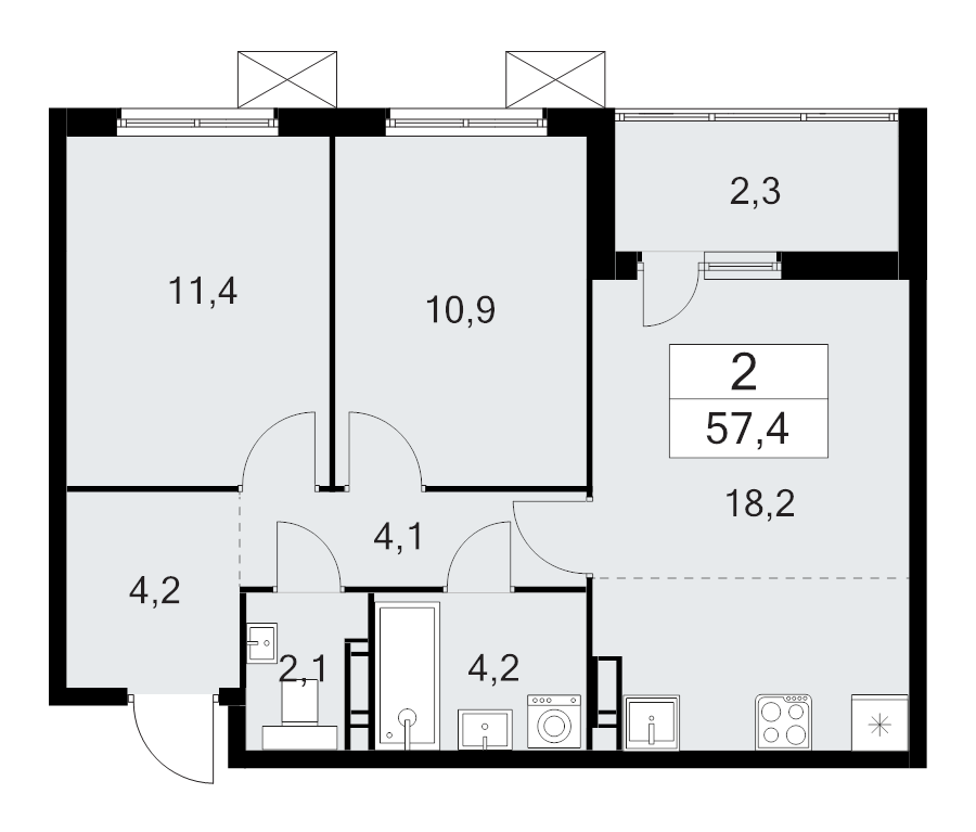 3-комнатная (Евро) квартира, 57.4 м² - планировка, фото №1