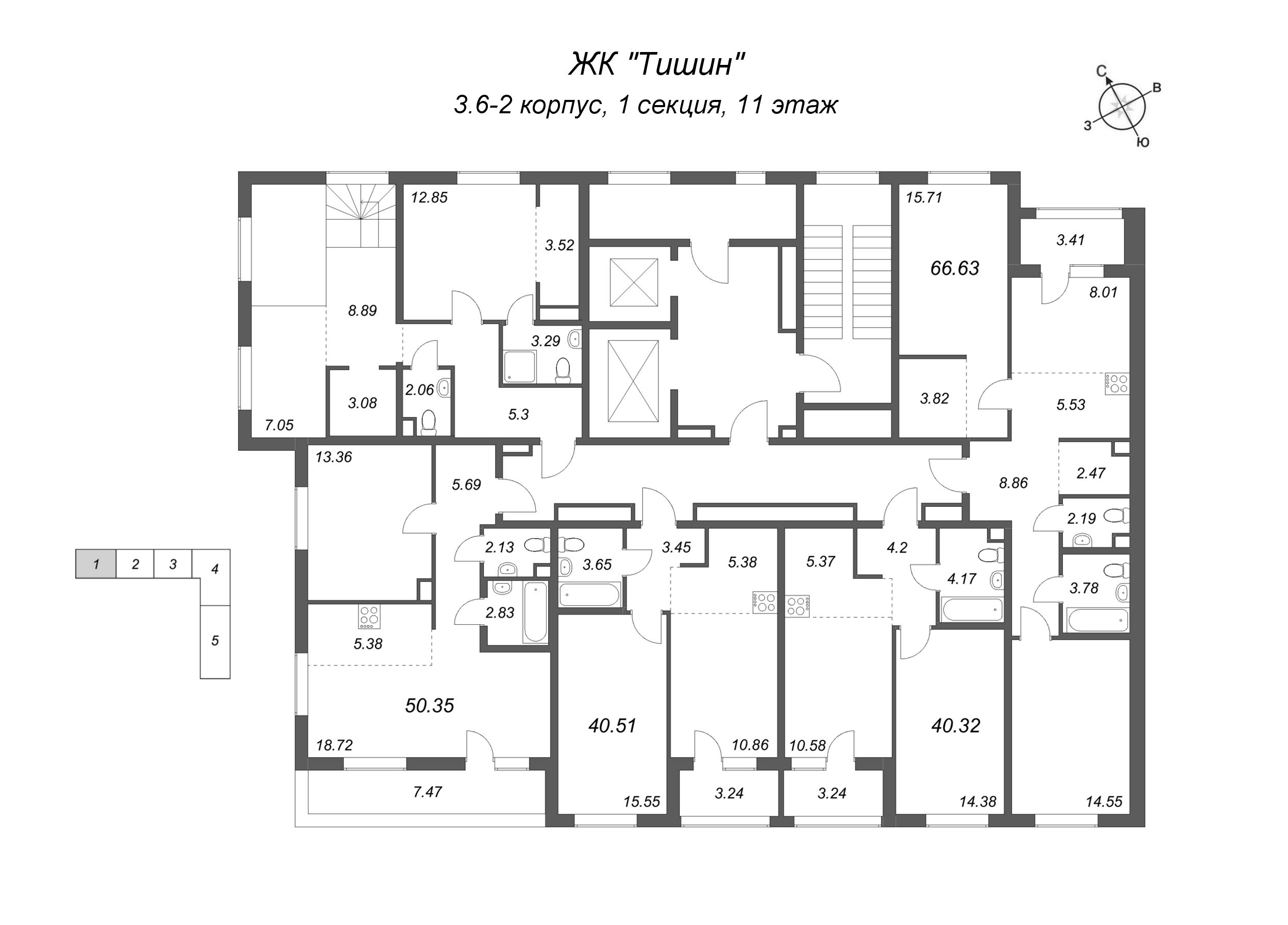2-комнатная (Евро) квартира, 40.32 м² в ЖК "Тишин" - планировка этажа