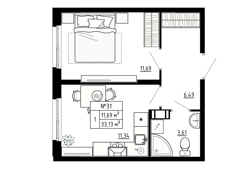 1-комнатная квартира, 33.13 м² в ЖК "Аннино Сити" - планировка, фото №1