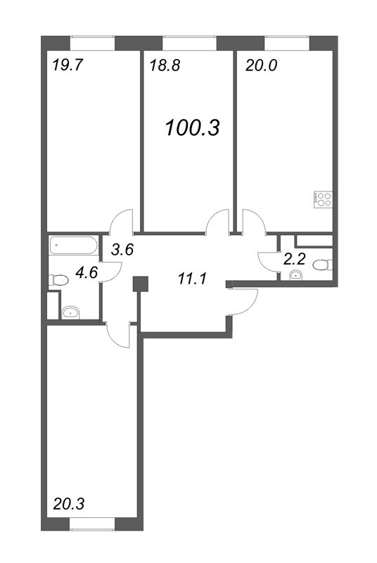 4-комнатная (Евро) квартира, 101.1 м² - планировка, фото №1