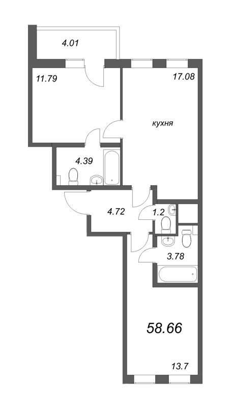 3-комнатная (Евро) квартира, 58.66 м² - планировка, фото №1