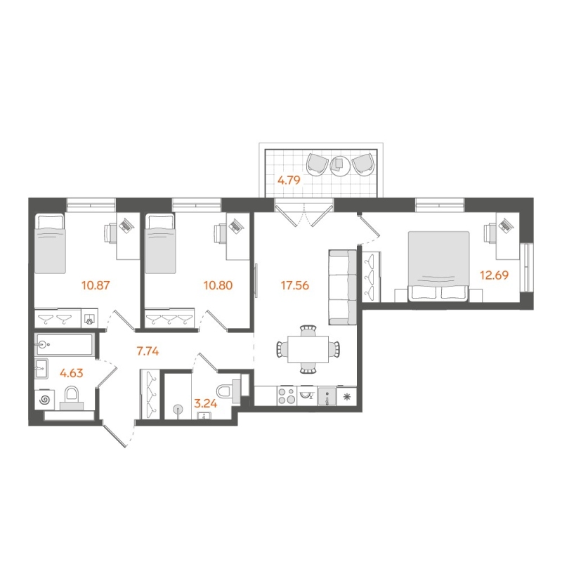 4-комнатная (Евро) квартира, 69 м² в ЖК "STAVNI Обводный" - планировка, фото №1