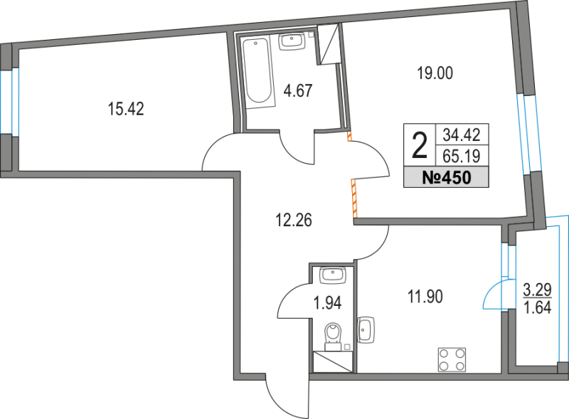 2-комнатная квартира, 65.19 м² в ЖК "Приморский квартал" - планировка, фото №1