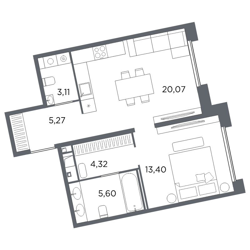 2-комнатная (Евро) квартира, 51.77 м² в ЖК "Акватория" - планировка, фото №1
