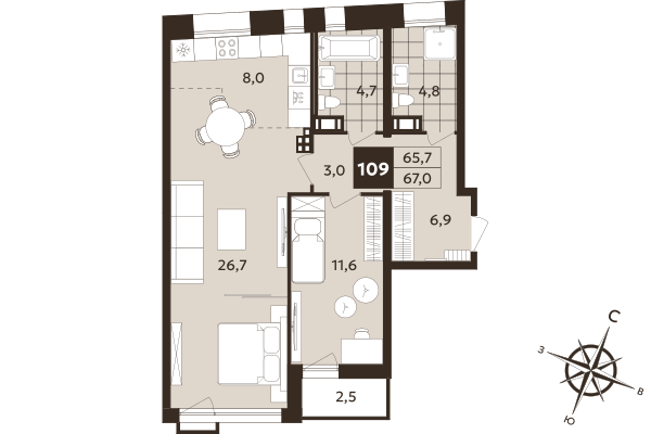 2-комнатная (Евро) квартира, 65.7 м² в ЖК "Дом на Бронницкой" - планировка, фото №1