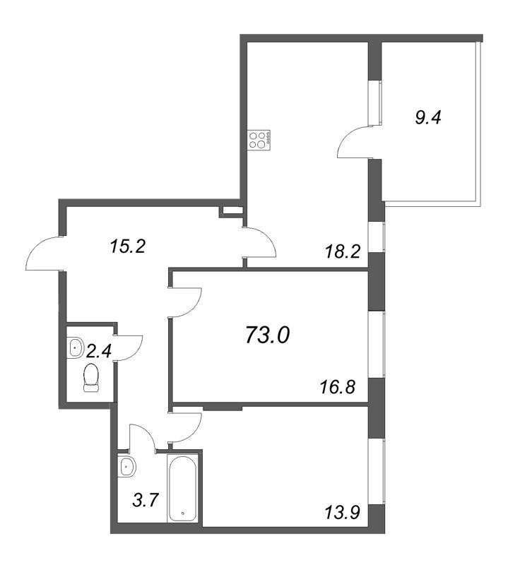 3-комнатная (Евро) квартира, 73 м² - планировка, фото №1