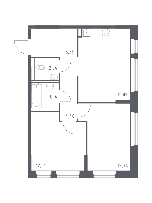 3-комнатная (Евро) квартира, 55.48 м² в ЖК "Новое Колпино" - планировка, фото №1