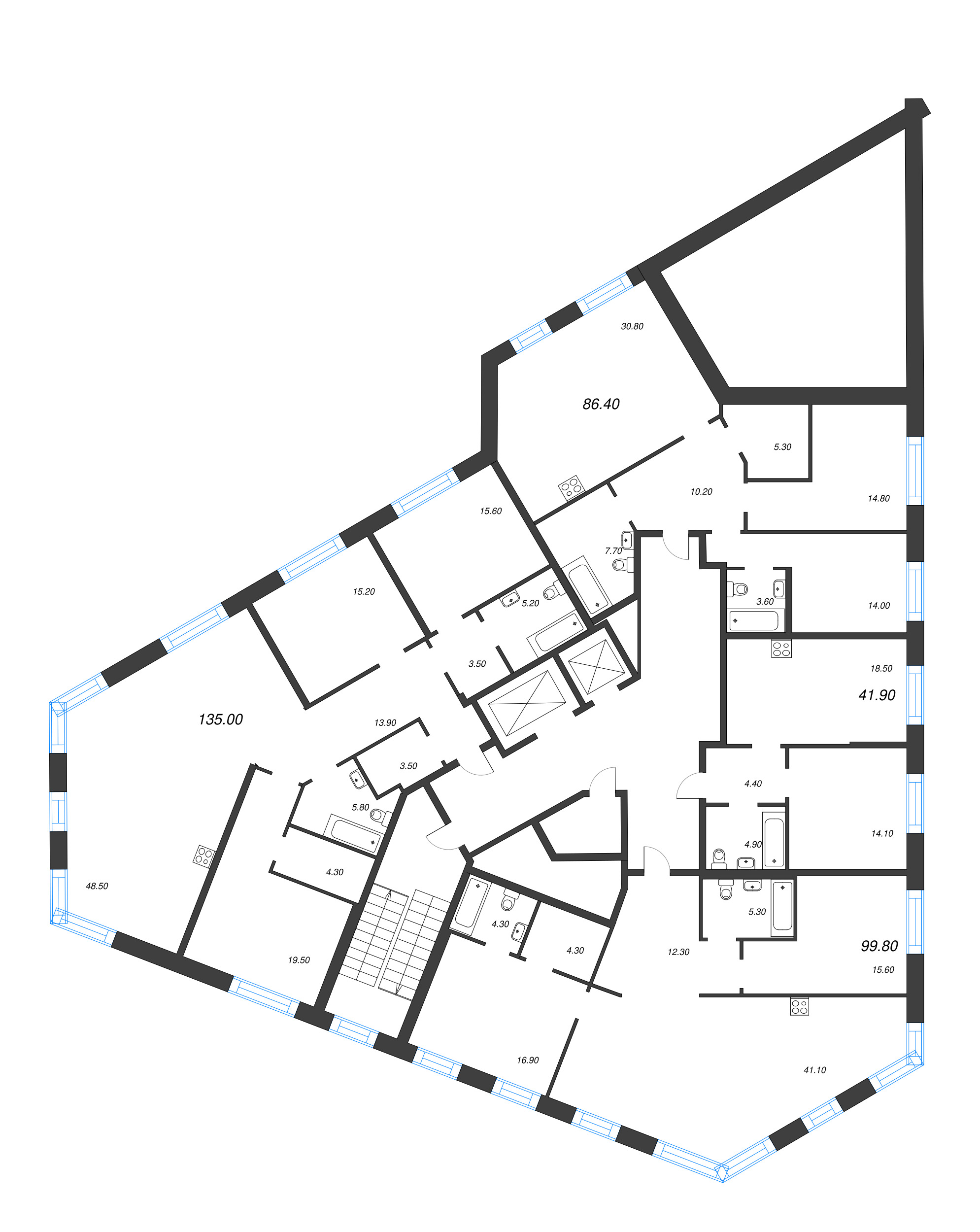 2-комнатная (Евро) квартира, 41.9 м² в ЖК "ЛДМ" - планировка этажа