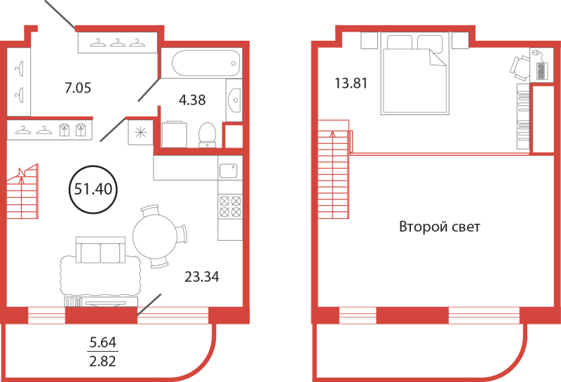 2-комнатная (Евро) квартира, 51.4 м² в ЖК "Энфилд" - планировка, фото №1