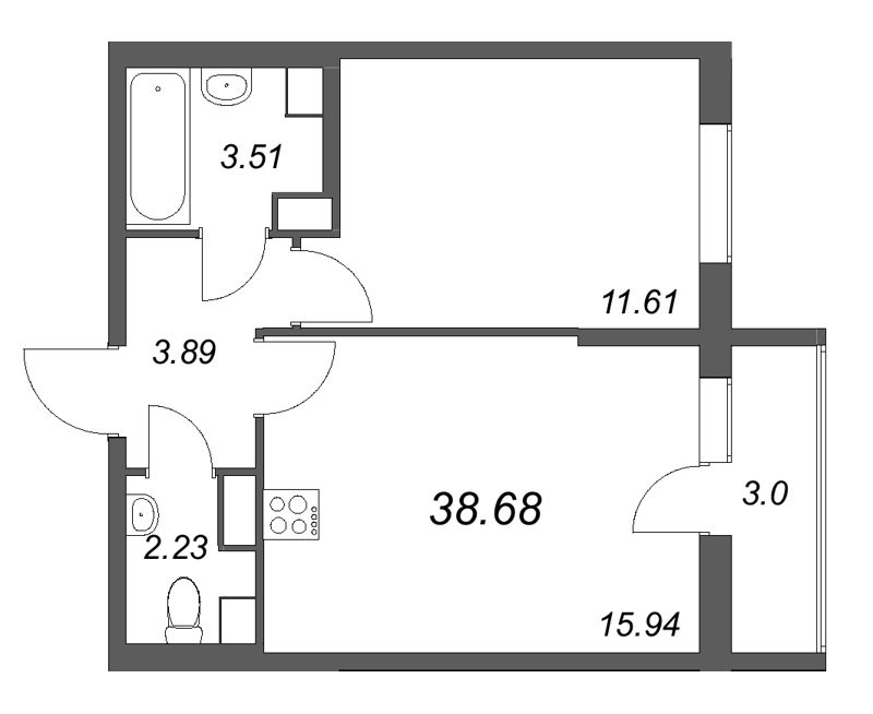 2-комнатная (Евро) квартира, 38.68 м² в ЖК "Кинопарк" - планировка, фото №1