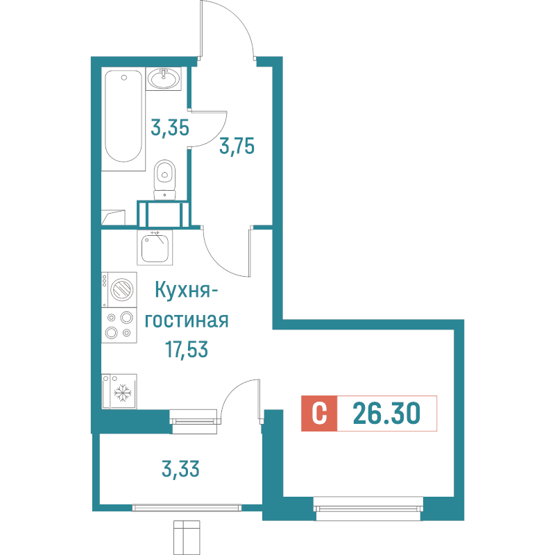 Квартира-студия, 26.3 м² в ЖК "Графика" - планировка, фото №1