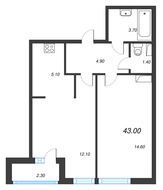 2-комнатная (Евро) квартира, 43 м² в ЖК "Аэросити" - планировка, фото №1