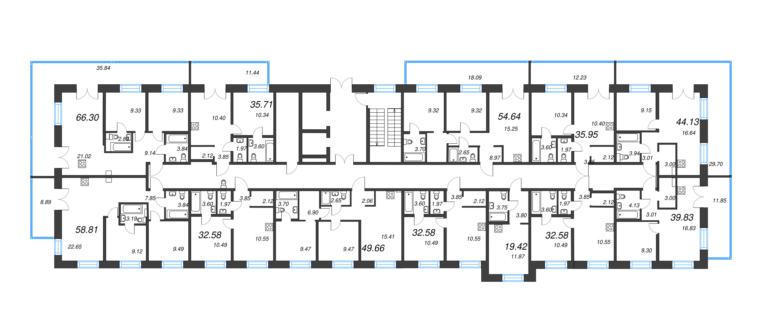 3-комнатная (Евро) квартира, 58.81 м² в ЖК "Alpen" - планировка этажа
