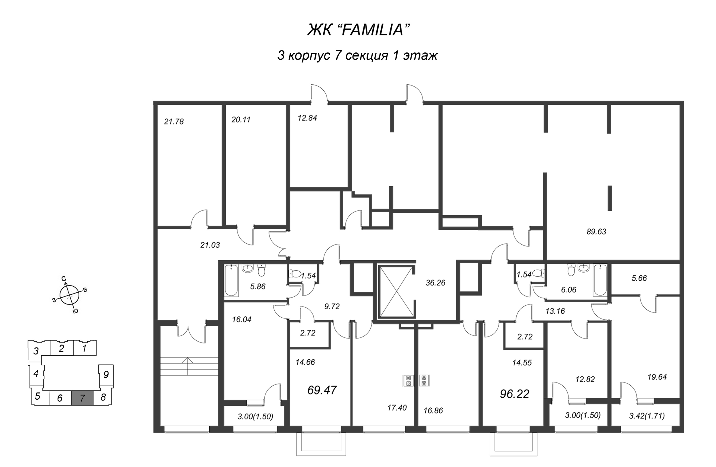 3-комнатная квартира, 96.8 м² в ЖК "FAMILIA" - планировка этажа