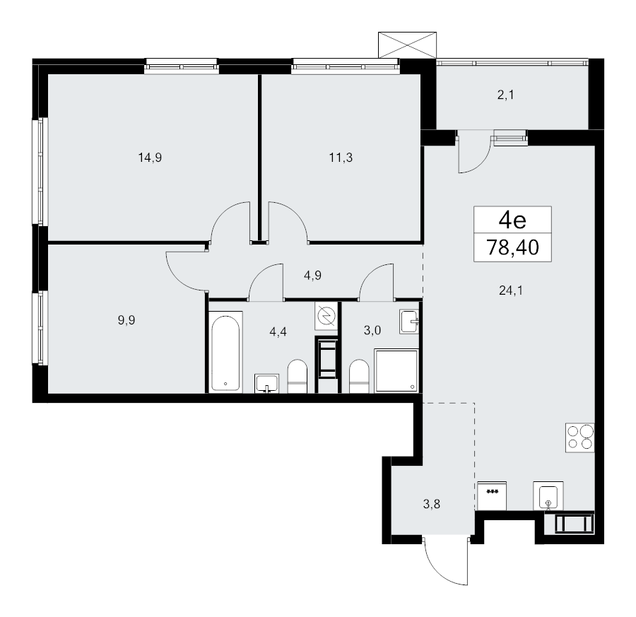 4-комнатная (Евро) квартира, 78.4 м² в ЖК "А101 Лаголово" - планировка, фото №1