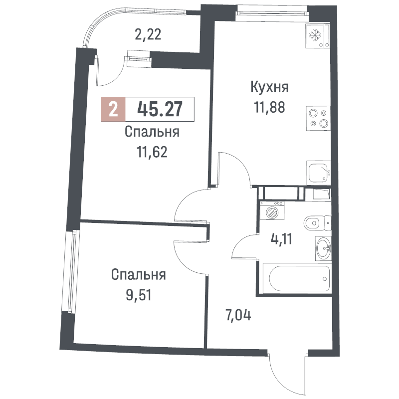 2-комнатная квартира, 45.27 м² в ЖК "Авиатор" - планировка, фото №1
