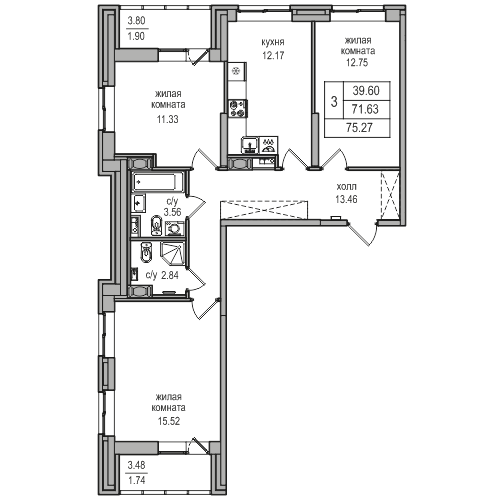 3-комнатная квартира, 74.3 м² в ЖК "Северная Долина" - планировка, фото №1
