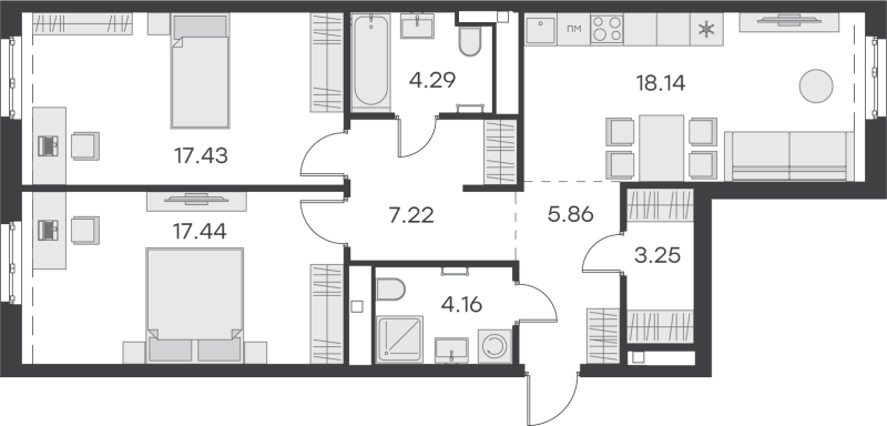 3-комнатная (Евро) квартира, 77.79 м² - планировка, фото №1