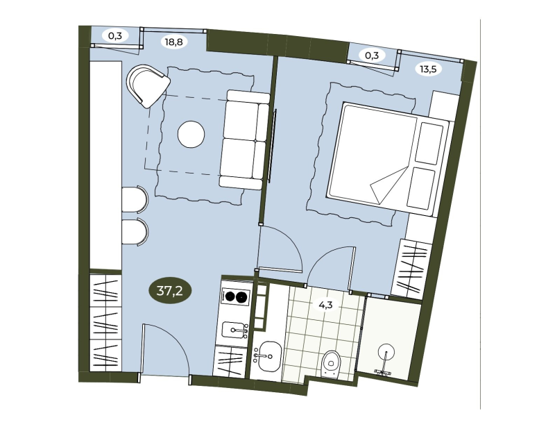 2-комнатная (Евро) квартира, 37.1 м² в ЖК "Место в Рощино" - планировка, фото №1
